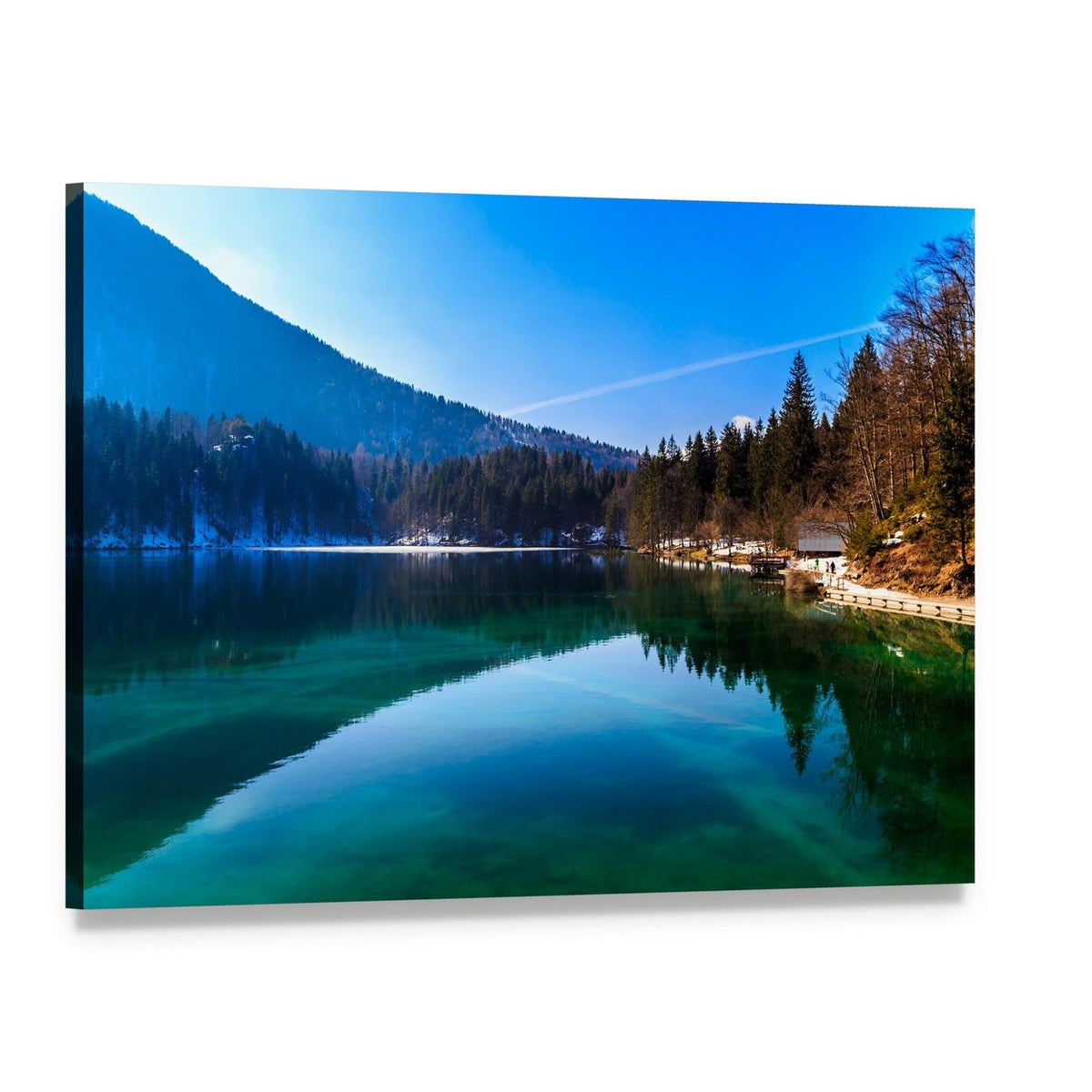 Spring Alpine Lake with Boathouse Canvas Wall Art, single panel gallery wrapped canvas, angled product view