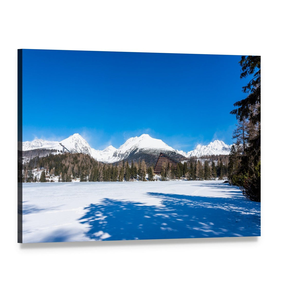 Frozen Lake and Snowy Mountains Canvas Wall Art, single panel gallery wrapped canvas, angled product view