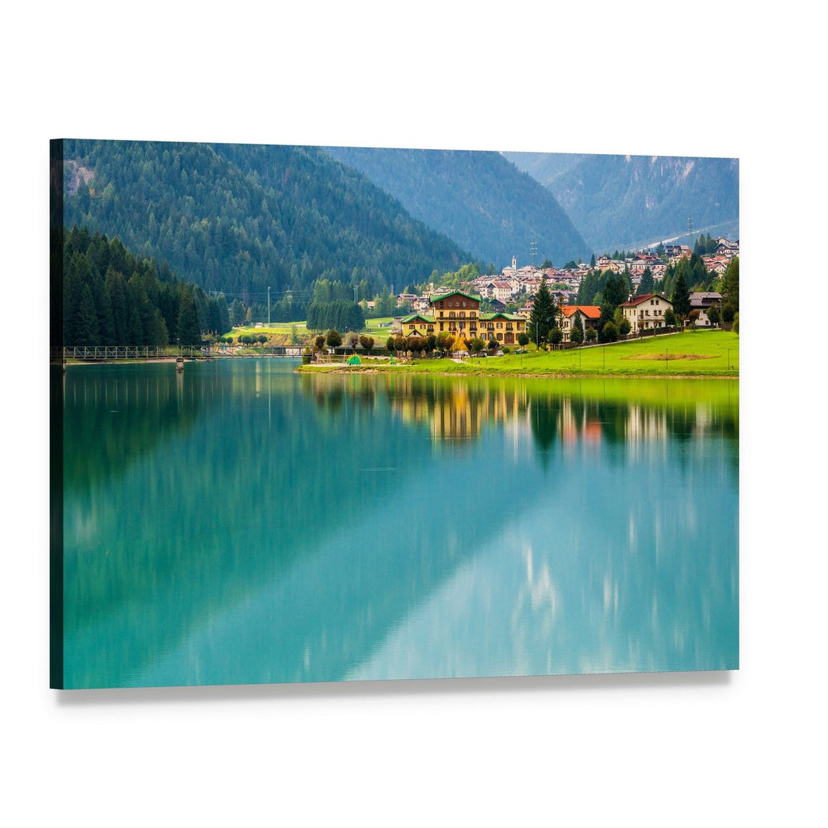 Lakeside Village with Mountain Reflections Canvas Wall Art, single panel gallery wrapped canvas, angled product view