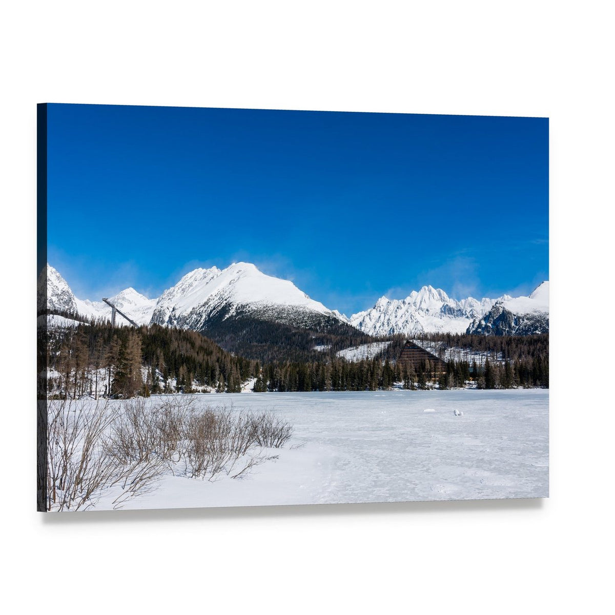 Frozen Lake with Mountains Canvas Wall Art, single panel gallery wrapped canvas, angled product view