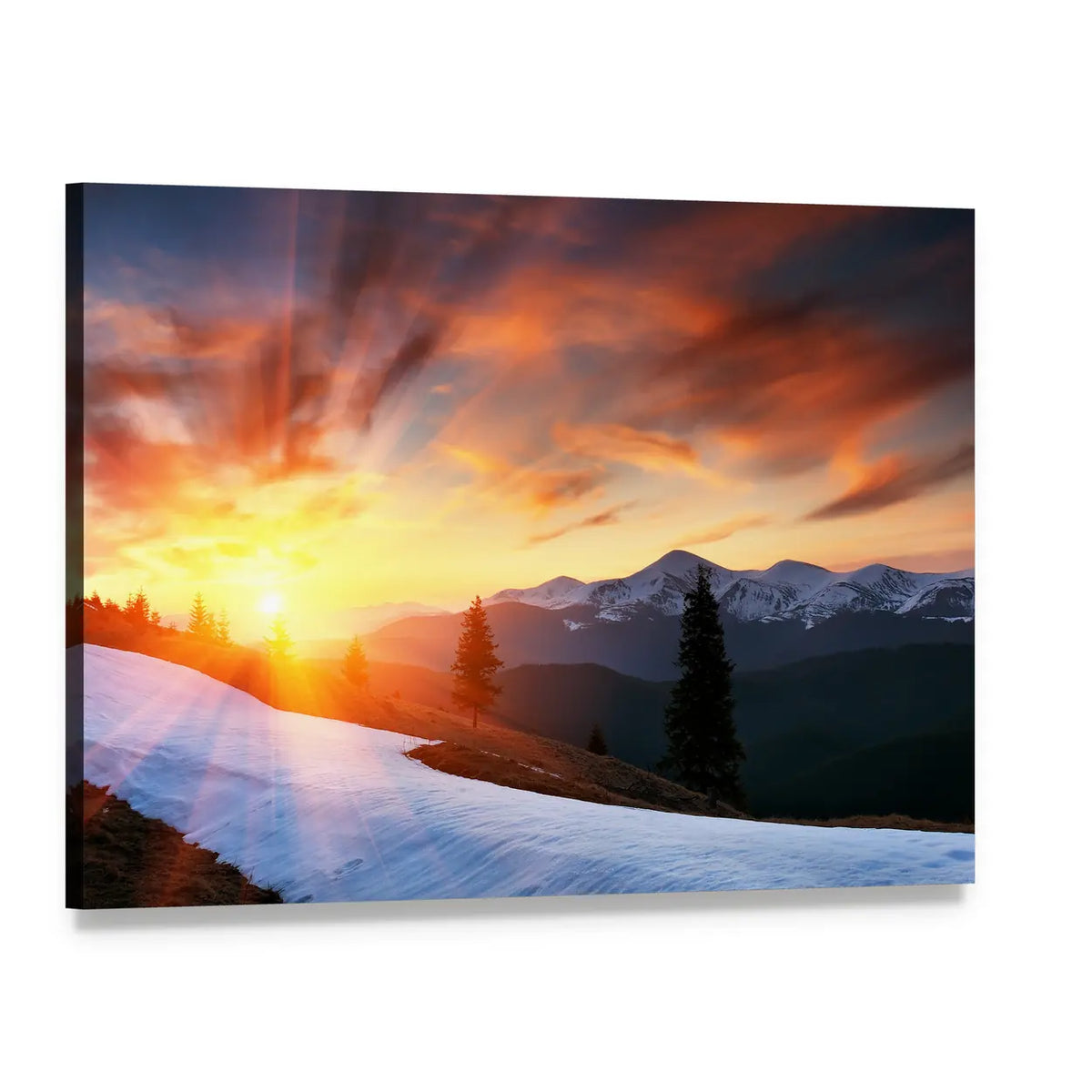 Cloudy Sunset Over Snow-capped Peaks Canvas Wall Art, single panel gallery wrapped canvas, angled product view