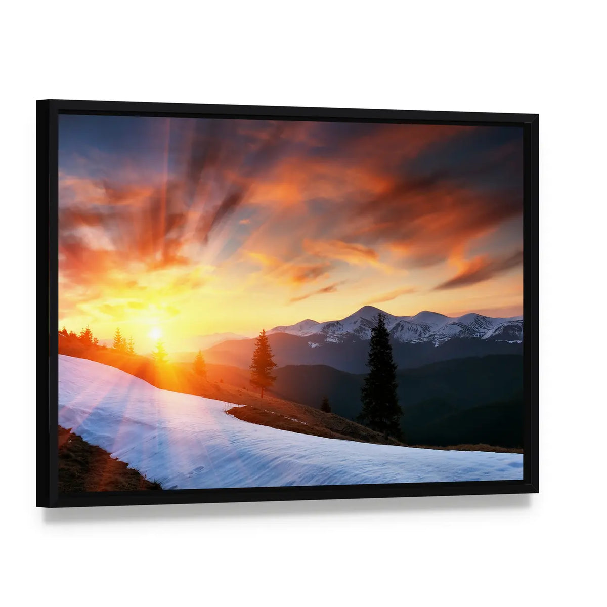 Cloudy Sunset Over Snow-capped Peaks Canvas Wall Art, framed canvas in a black floater frame, angled product view