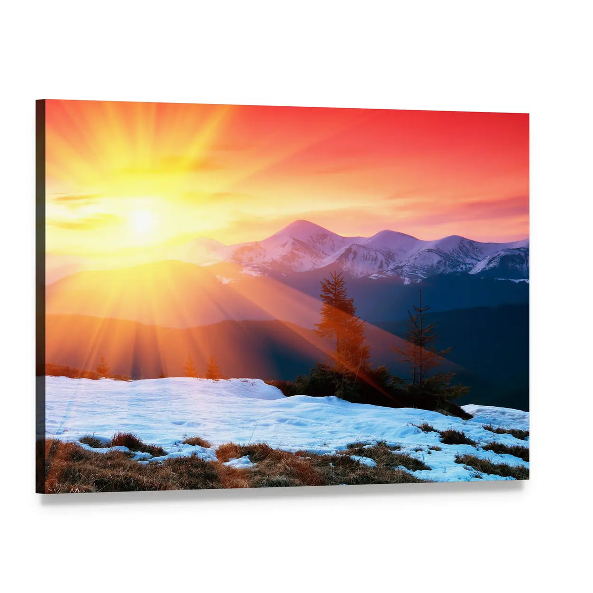 Snowy Mountain Sunset with Cloudy Sky Canvas Wall Art, single panel gallery wrapped canvas, angled product view