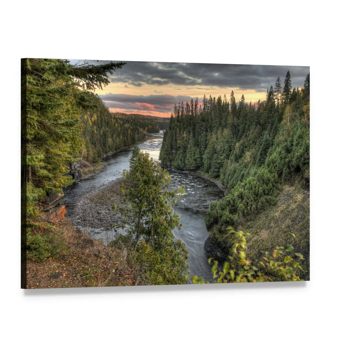 Winding River Through Pine Cliffs at Sunset Canvas Wall Art, single panel gallery wrapped canvas, angled product view