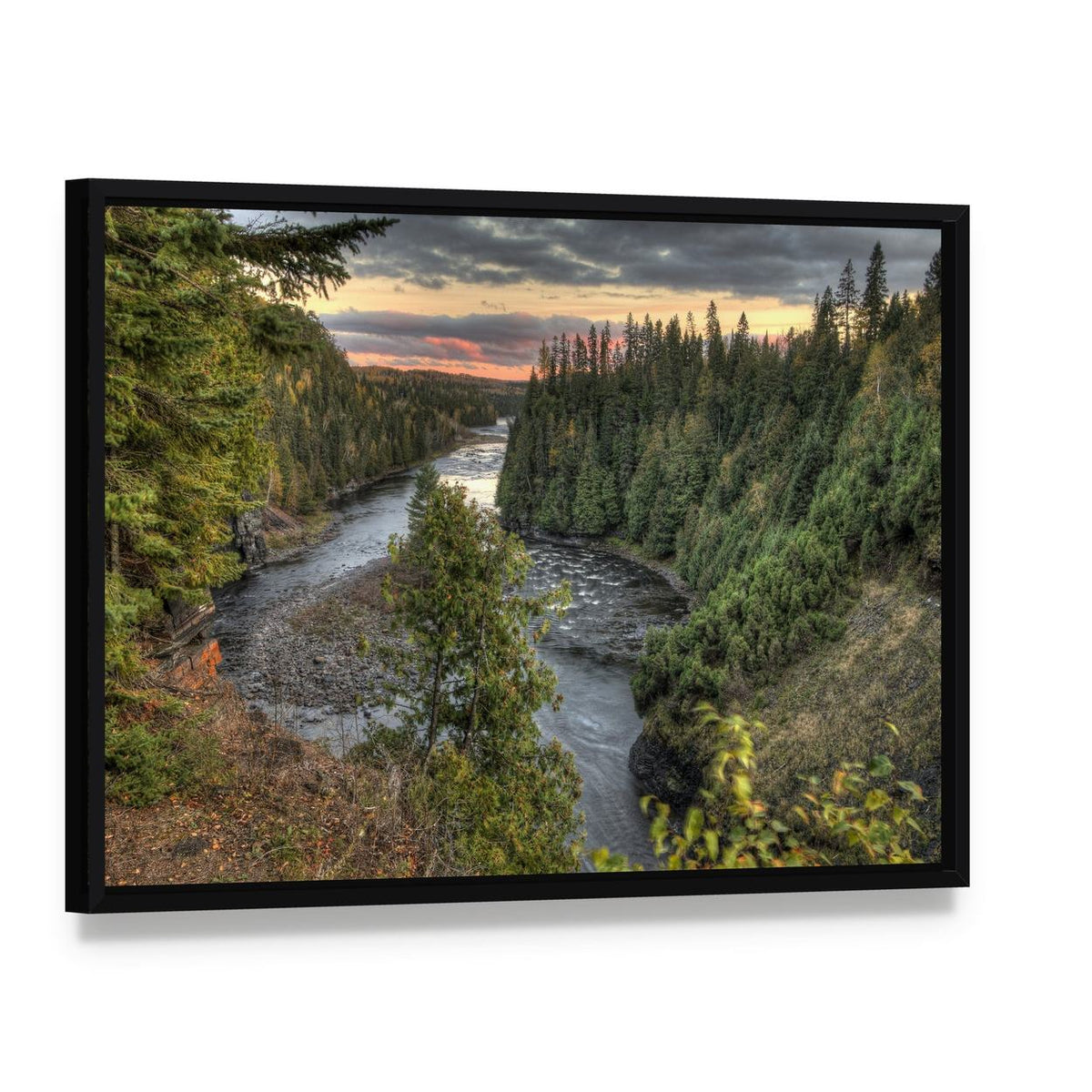 Kakabeka Falls Canvas Wall Art, framed canvas in a black floater frame, angled product view