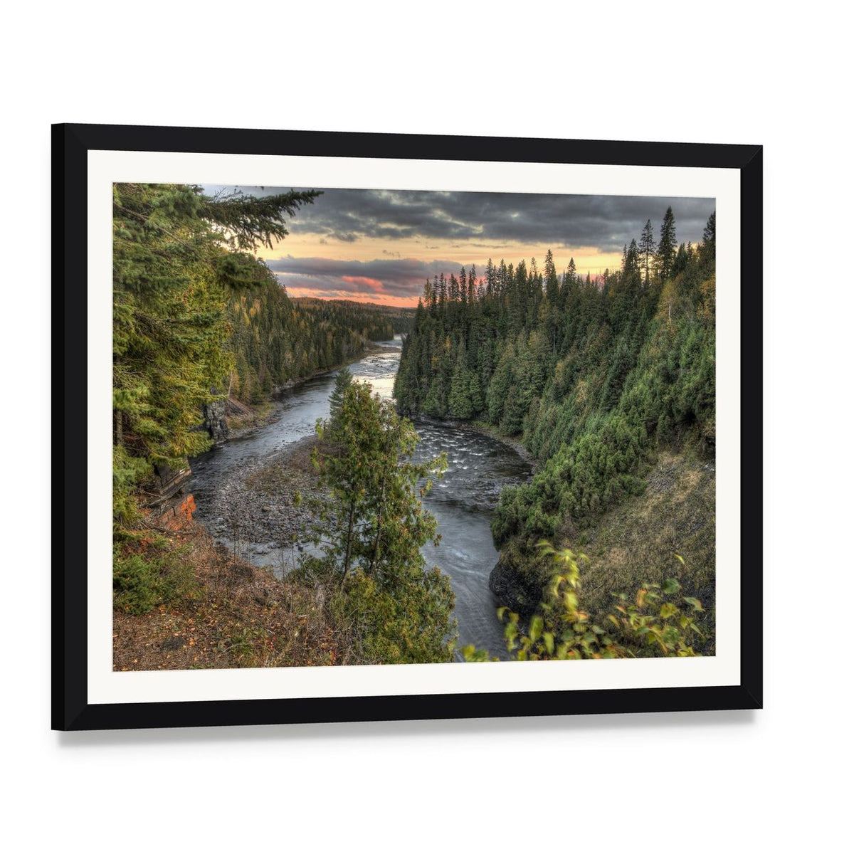 Kakabeka Falls Canvas Wall Art, framed print with white mat and black frame, angled product view