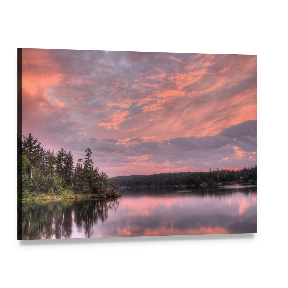Sunset Over Forest Lake Canvas Wall Art, single panel gallery wrapped canvas, angled product view