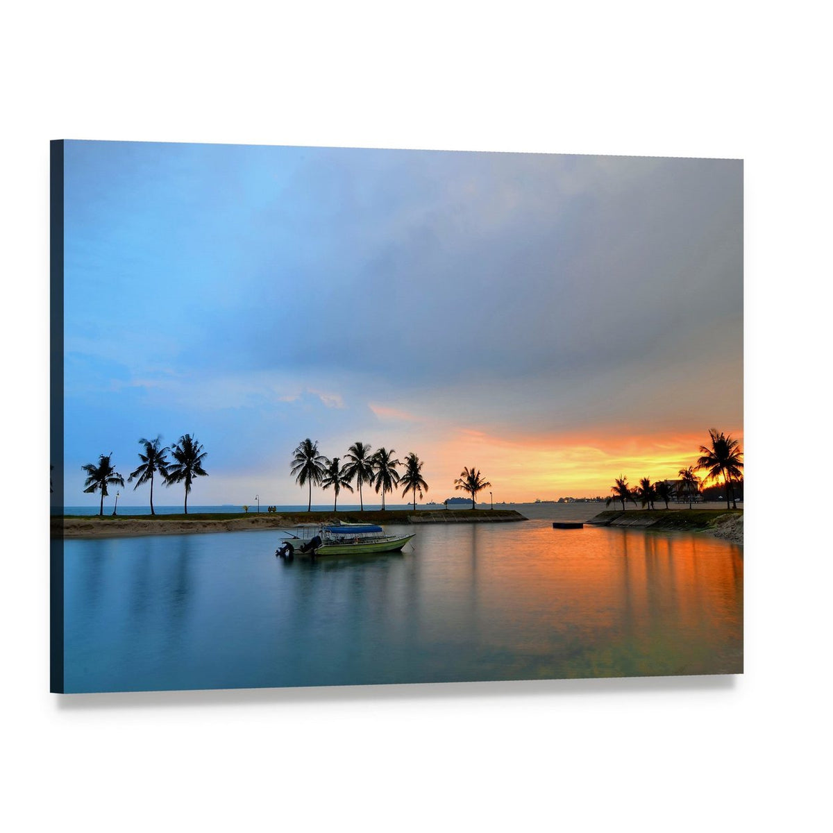 Palm Trees and Bay at Sunset Canvas Wall Art, single panel gallery wrapped canvas, angled product view