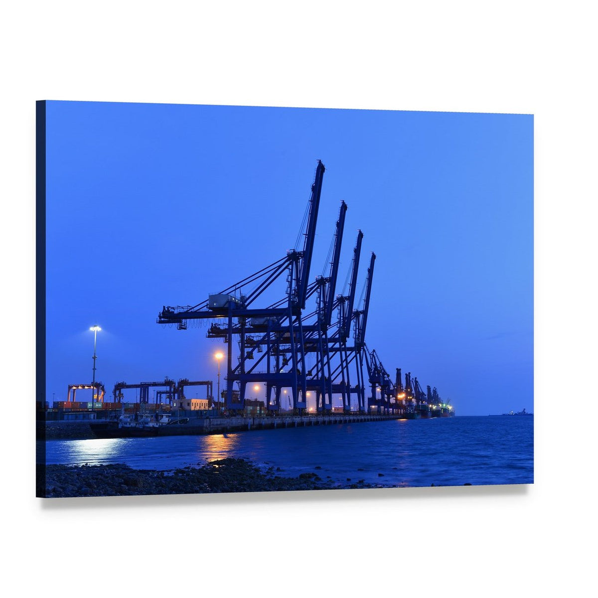 Silhouetted Gantry Cranes and Bulk Carrier Canvas Wall Art, single panel gallery wrapped canvas, angled product view