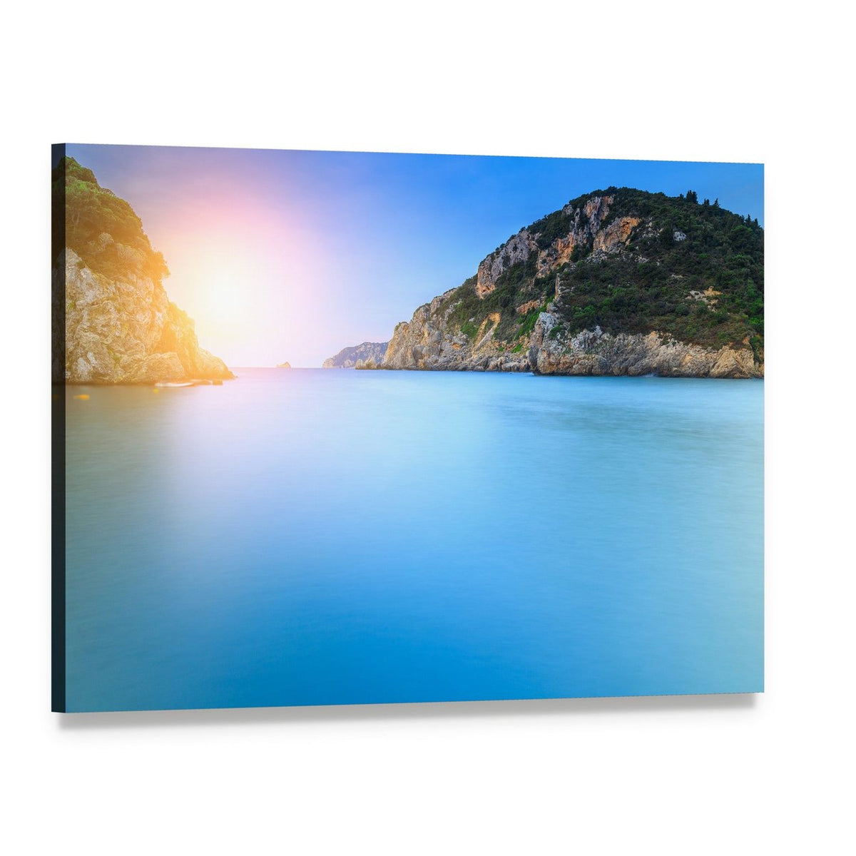 Paleokastritsa Sand Beach at Sunrise Canvas Wall Art, single panel gallery wrapped canvas, angled product view