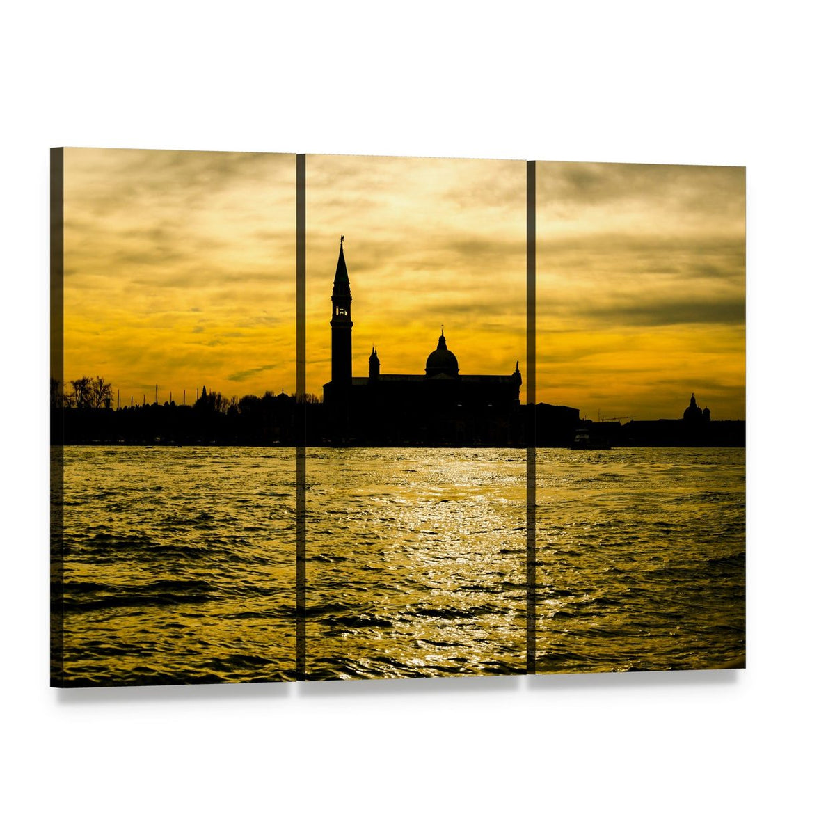 San Giorgio Maggiore Sunset Silhouette Canvas Wall Art, 3 panel 3 Horizontal layout gallery wrapped canvas set, angled product view