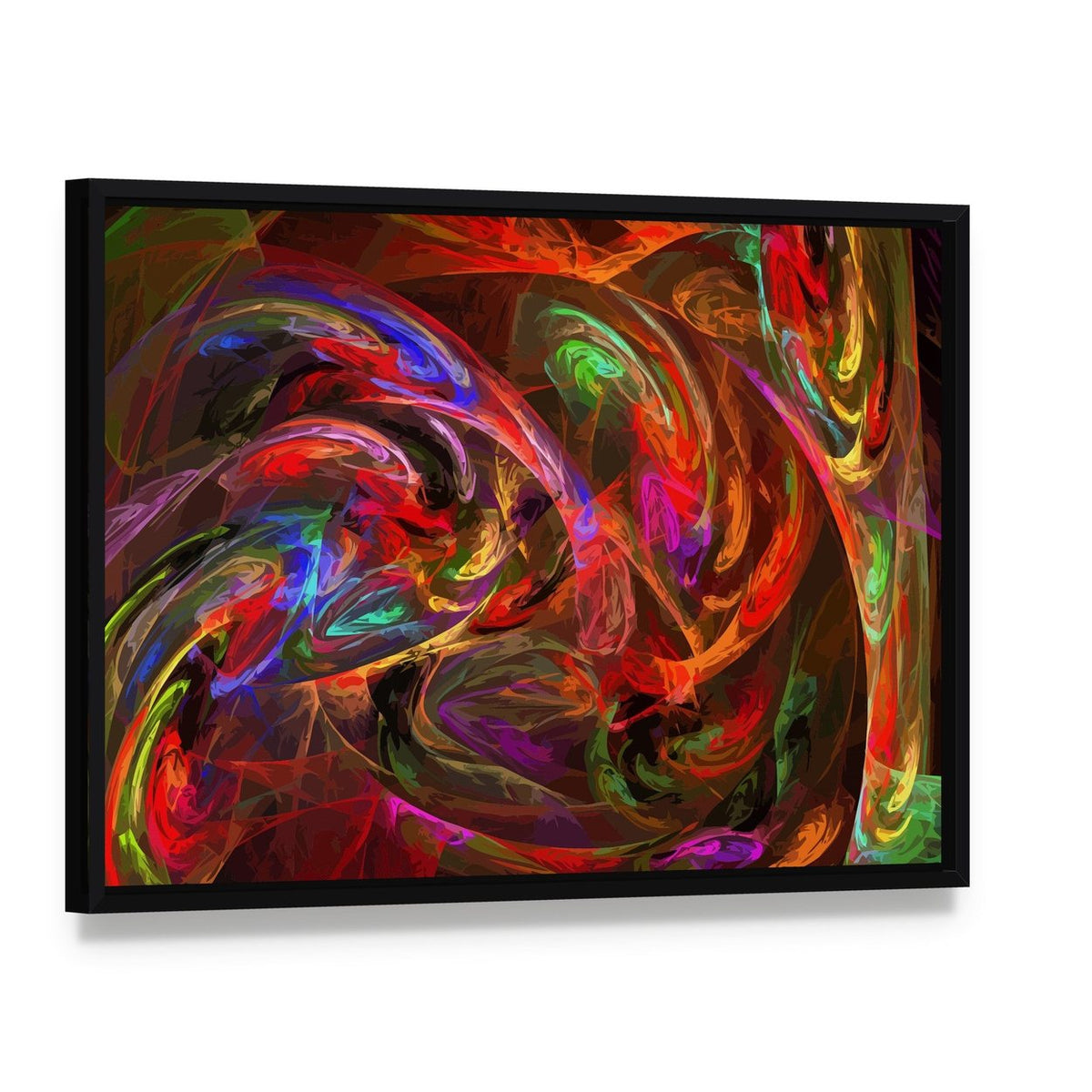 Colorful Fractal Swirl Illustration Canvas Wall Art, framed canvas in a black floater frame, angled product view