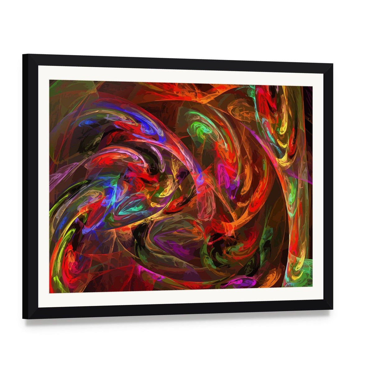 Colorful Fractal Swirl Illustration Canvas Wall Art, framed print with white mat and black frame, angled product view