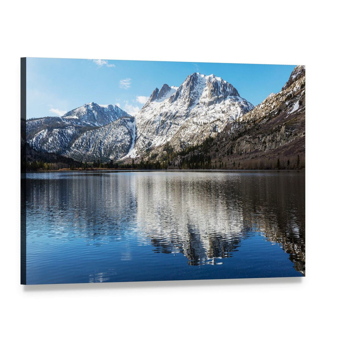 Snow-capped Mountain Reflection with Blue Sky Canvas Wall Art, single panel gallery wrapped canvas, angled product view