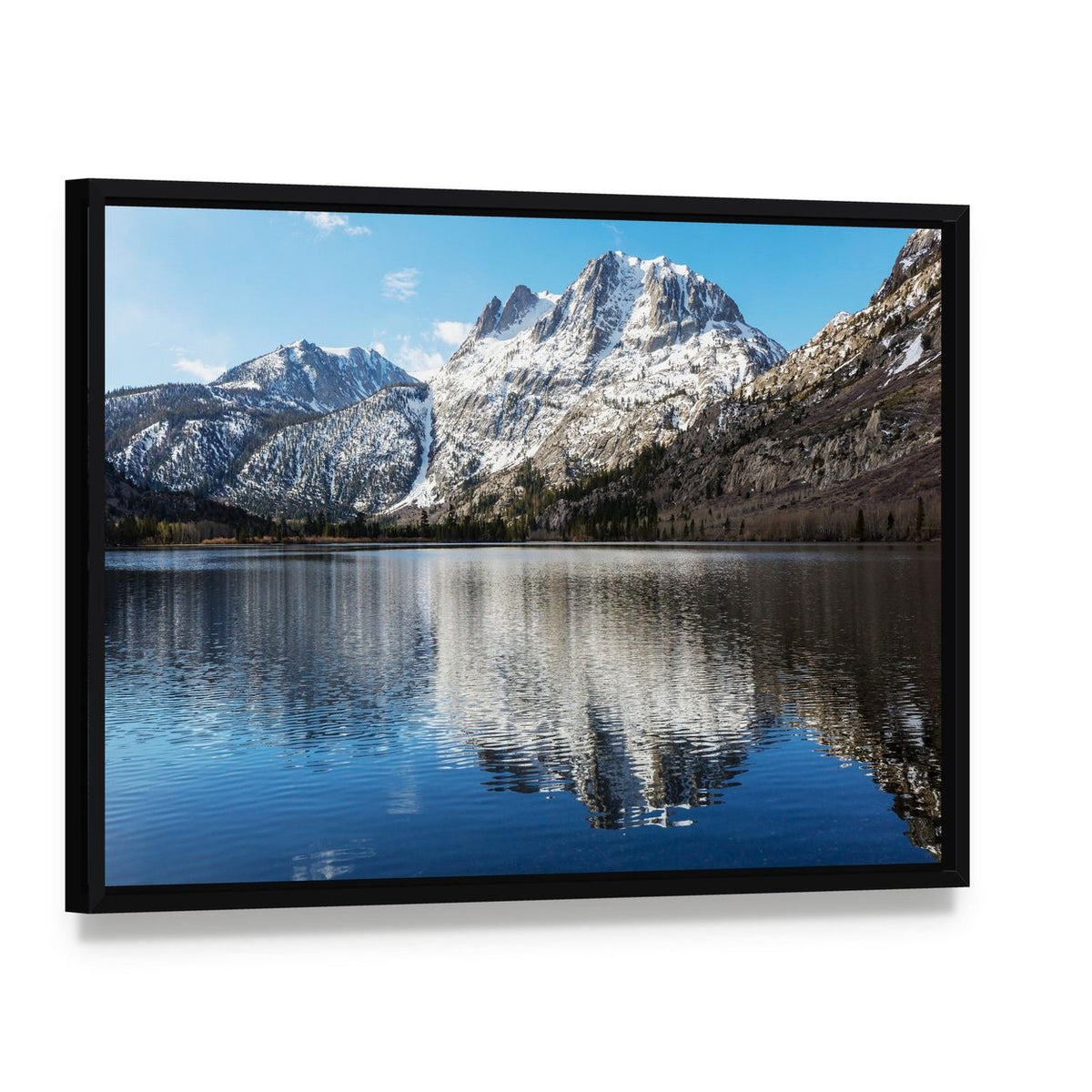 Snow-capped Mountain Reflection with Blue Sky Canvas Wall Art, framed canvas in a black floater frame, angled product view