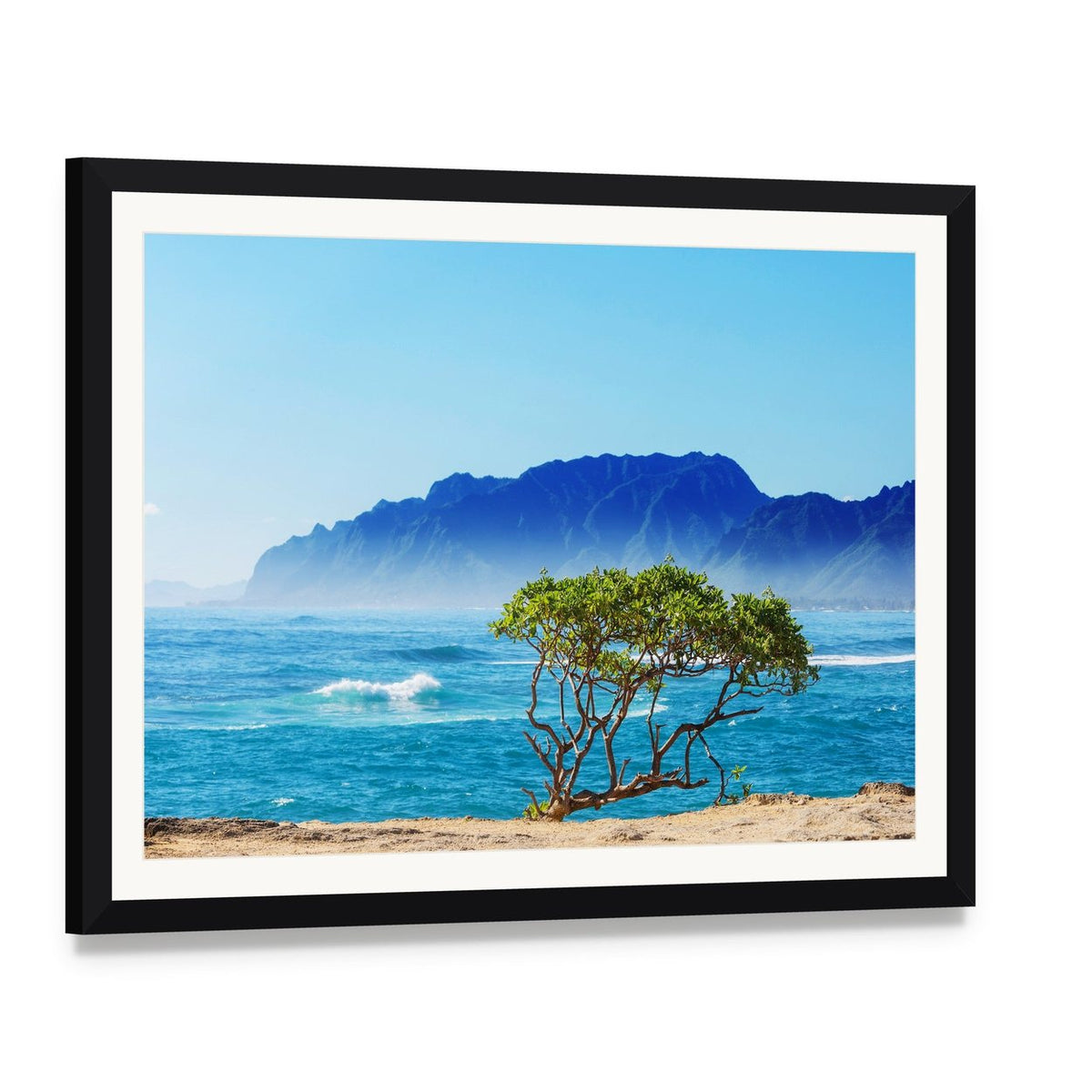 Hawaii Beach Scene Canvas Wall Art, framed print with white mat and black frame, angled product view