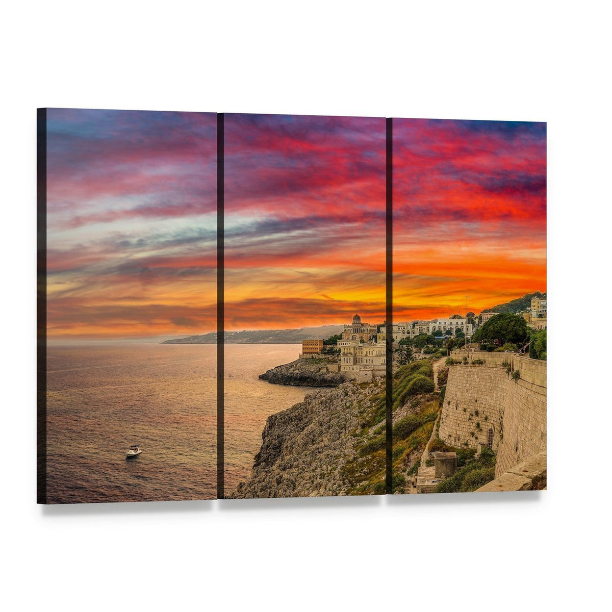 Salento Coast at Sunset Canvas Wall Art, 3 panel 3 Horizontal layout gallery wrapped canvas set, angled product view