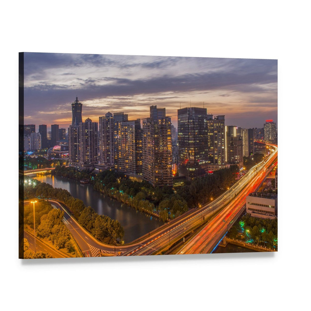 City Skyline at Dusk with Light Trails Canvas Wall Art, single panel gallery wrapped canvas, angled product view