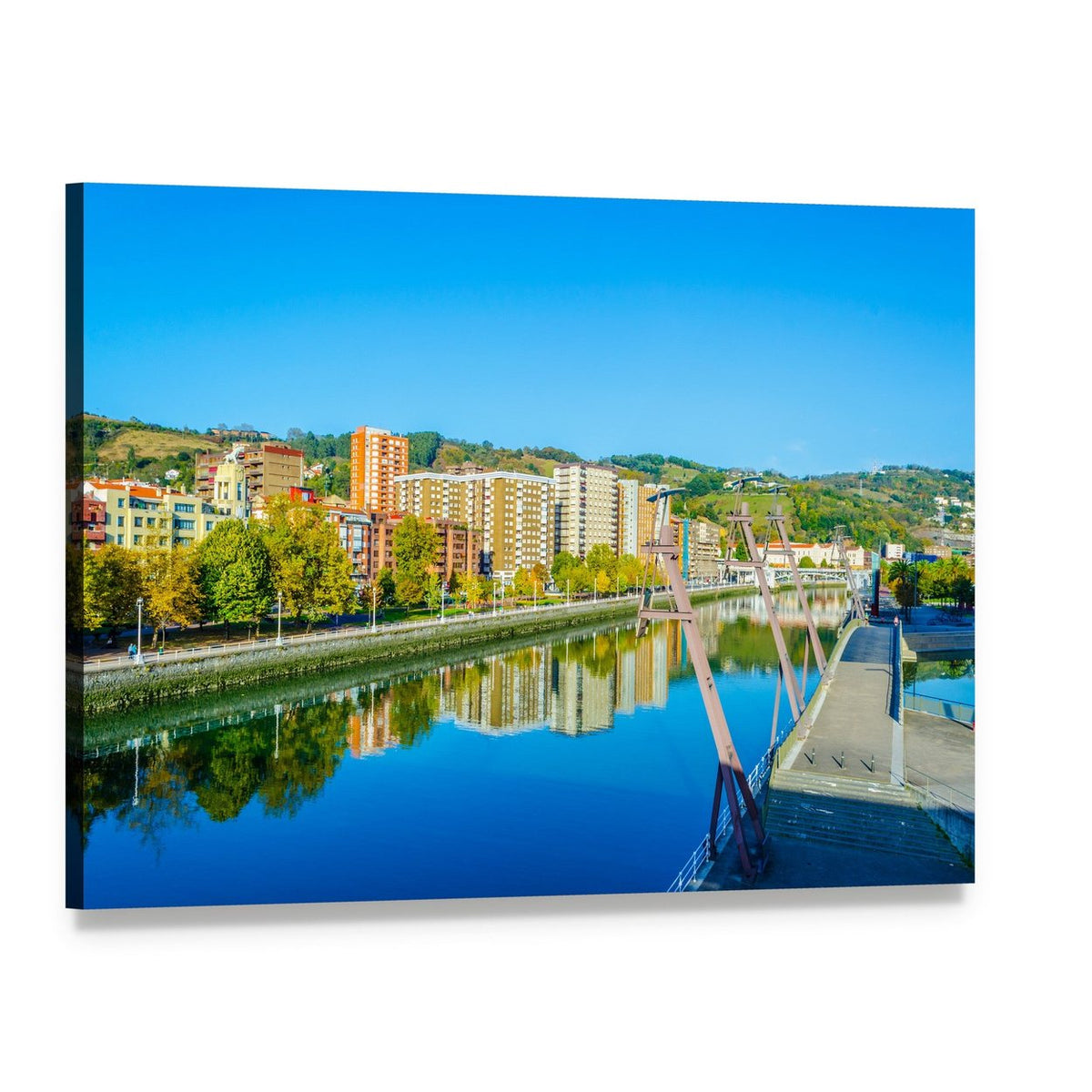 Autumn Riverfront with Bridge Reflection Canvas Wall Art, single panel gallery wrapped canvas, angled product view