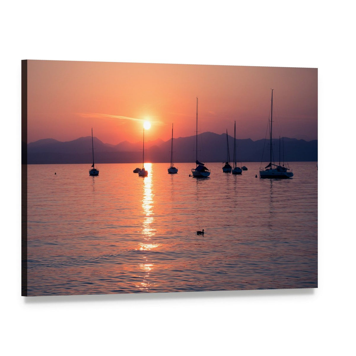 Sailboats Moored on Lake Garda at Sunset Canvas Wall Art, single panel gallery wrapped canvas, angled product view