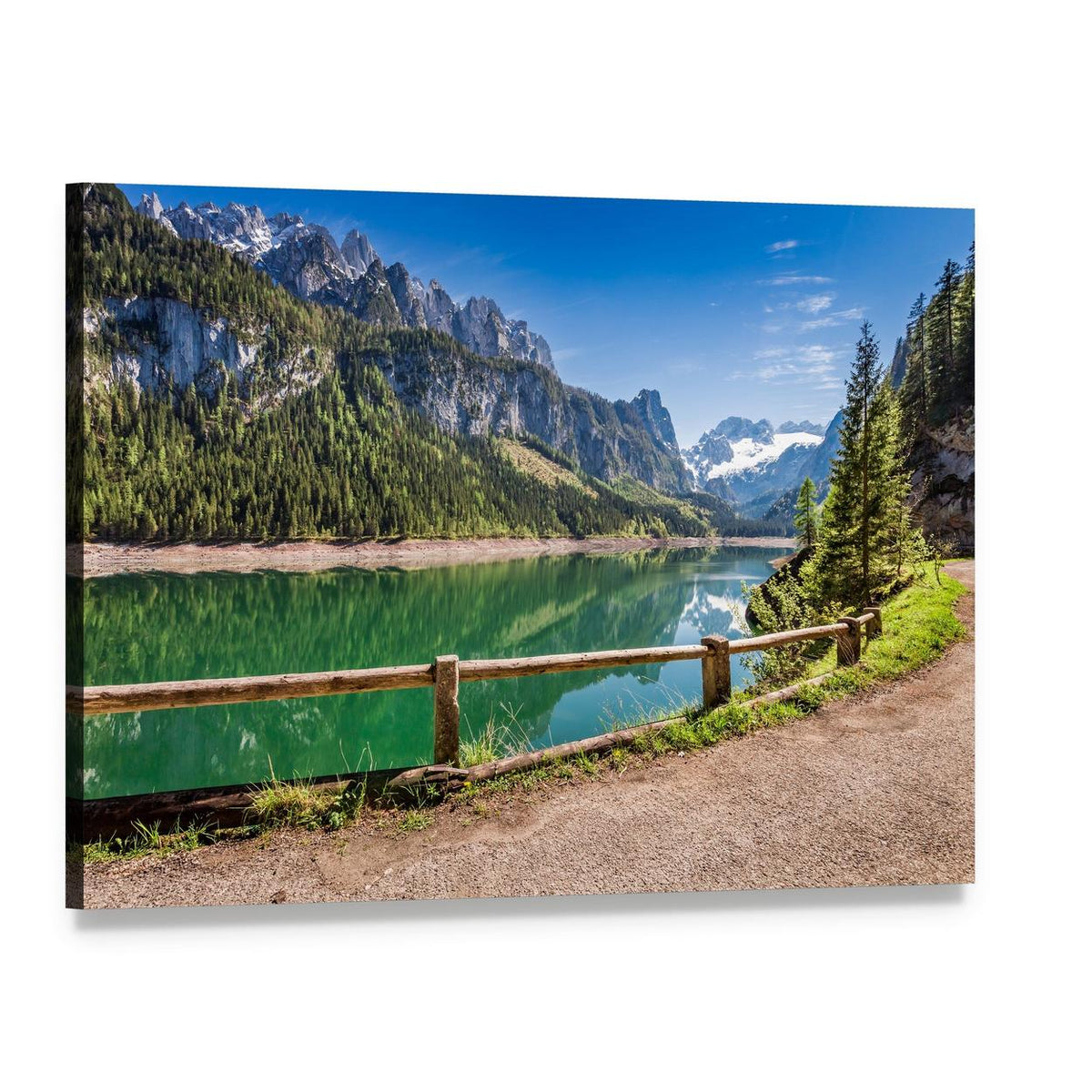Spring Sunrise Over Mountain Lake Canvas Wall Art, single panel gallery wrapped canvas, angled product view