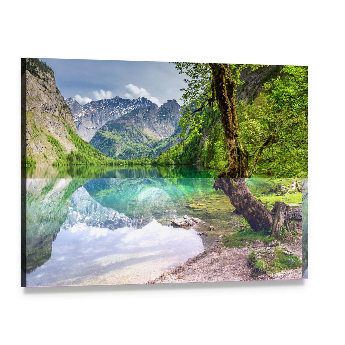 Snow-capped Peaks Over Turquoise Mountain Lake Canvas Wall Art, single panel gallery wrapped canvas, angled product view