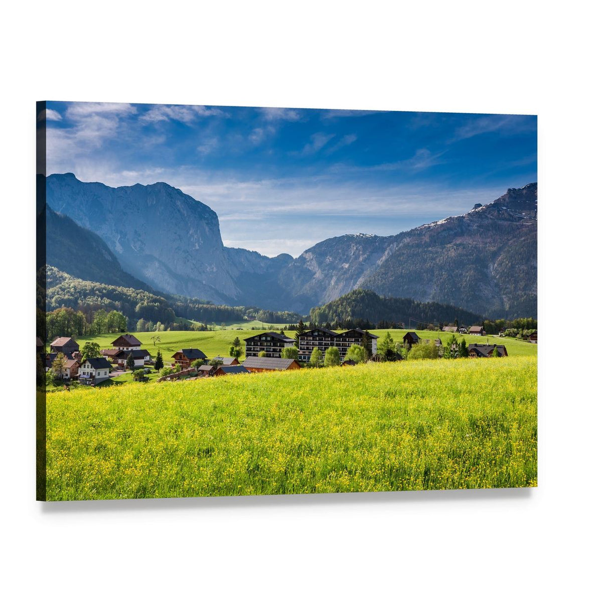 Sunrise Over Alpine Village Canvas Wall Art, single panel gallery wrapped canvas, angled product view