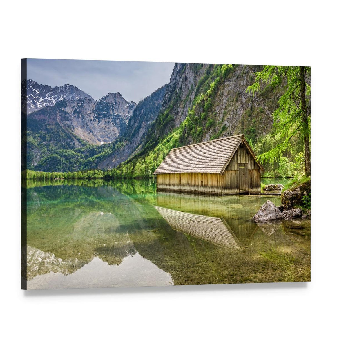 Boathouse on Obersee Lake Canvas Wall Art, single panel gallery wrapped canvas, angled product view