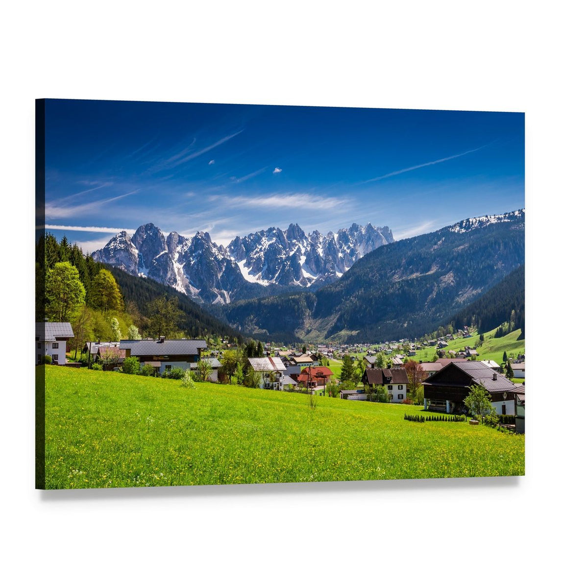 Alpine Village with Snow-capped Peaks Canvas Wall Art, single panel gallery wrapped canvas, angled product view