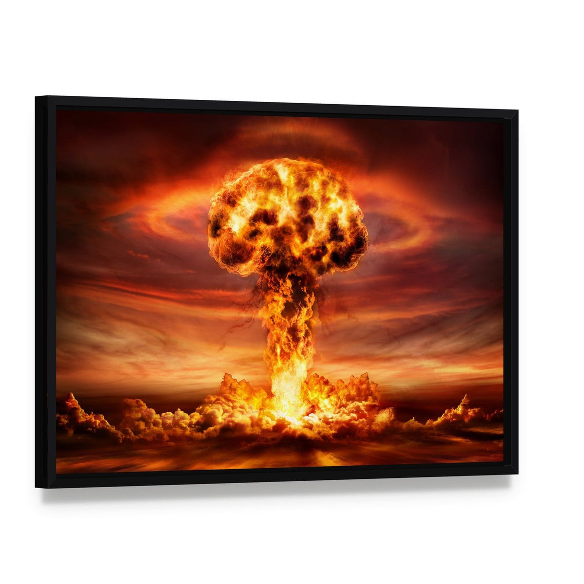 Mushroom Cloud Nuclear Explosion Canvas Wall Art, framed canvas in a black floater frame, angled product view
