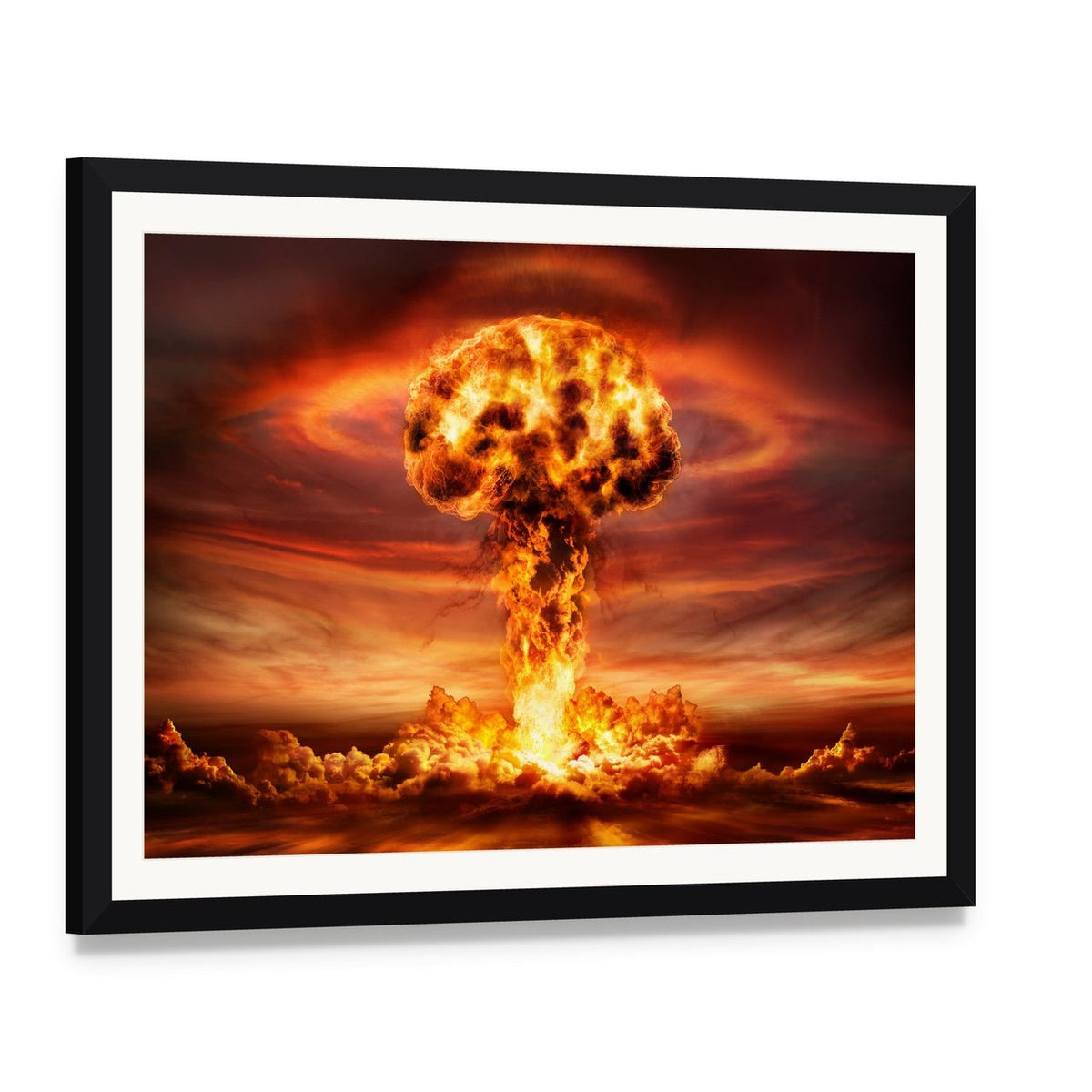 Mushroom Cloud Nuclear Explosion Canvas Wall Art, framed print with white mat and black frame, angled product view