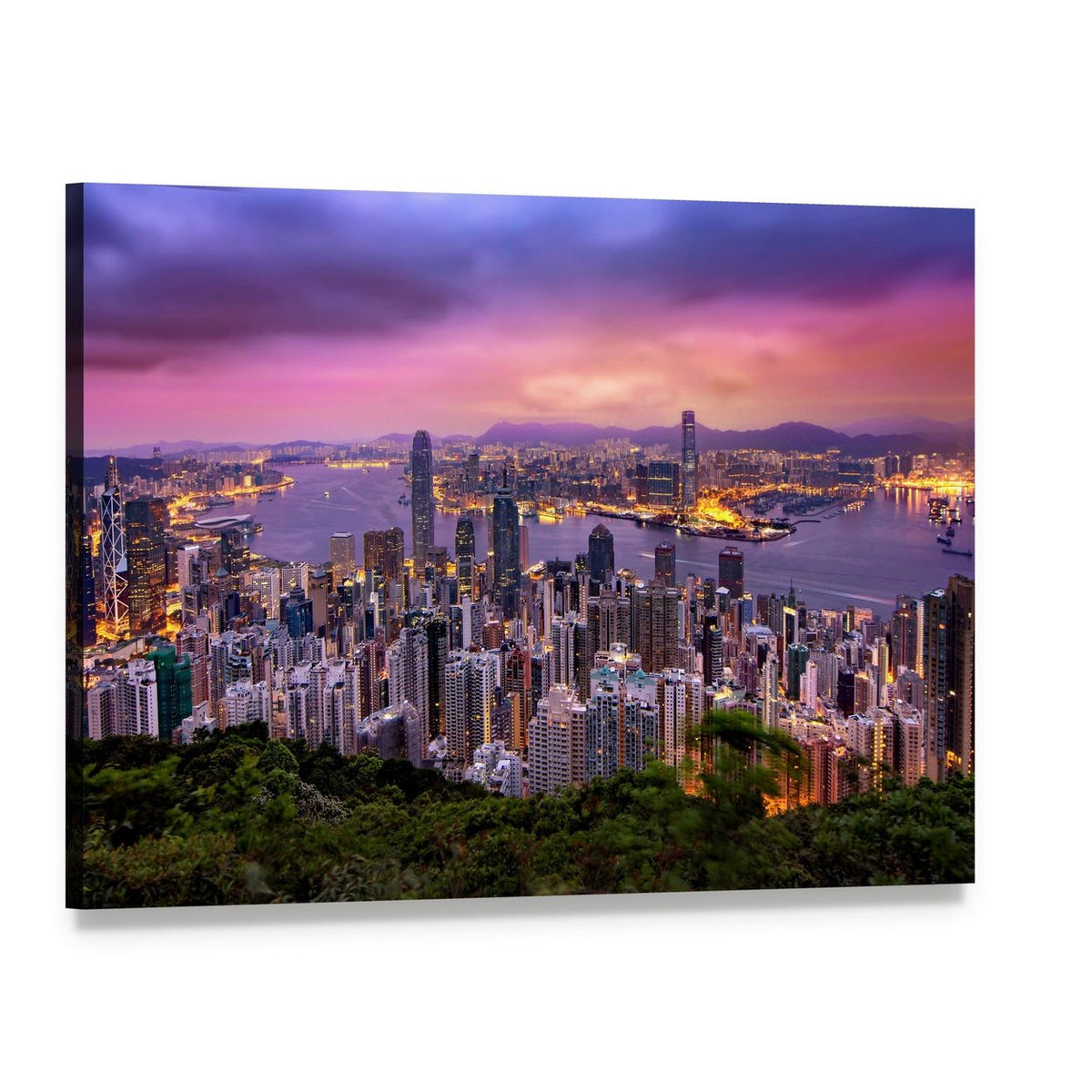 Hong Kong Skyline at Dusk Canvas Wall Art, single panel gallery wrapped canvas, angled product view