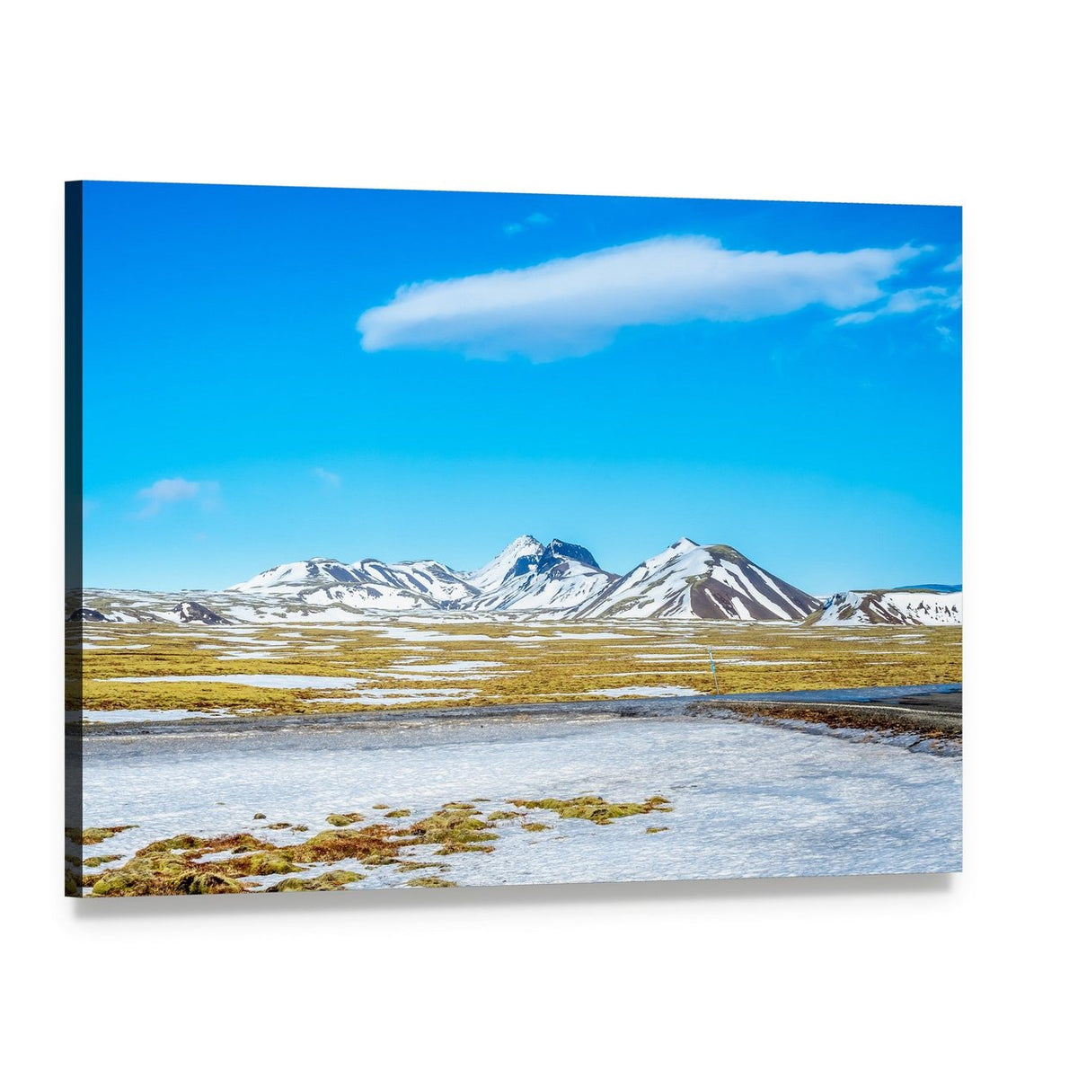 Snow-capped Mountains Over Frozen Lake Canvas Wall Art, single panel gallery wrapped canvas, angled product view