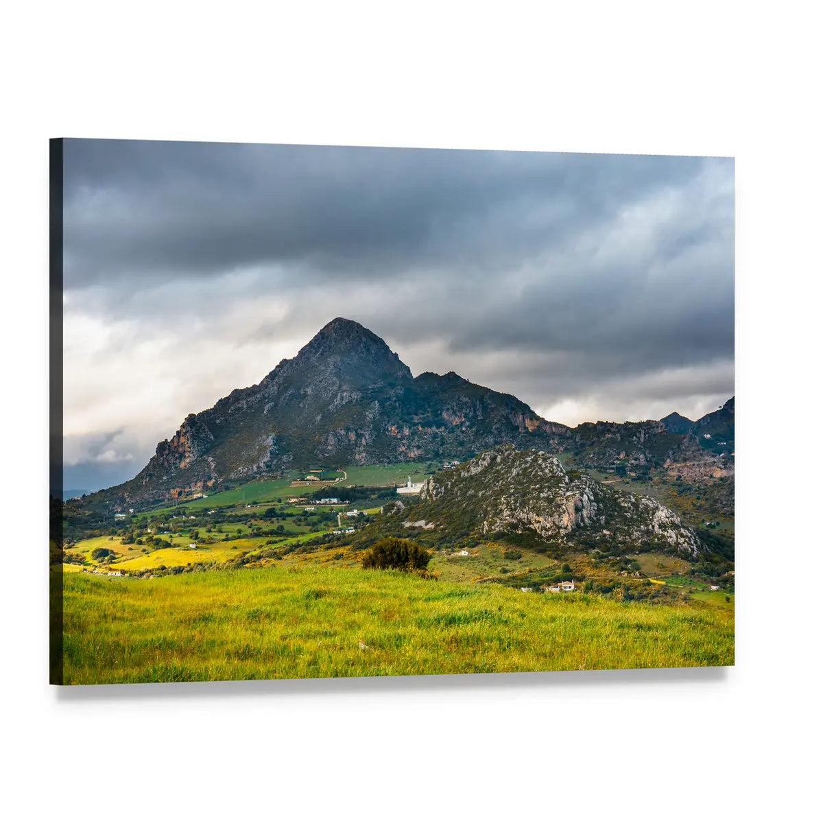 Mountain Village with Stormy Sky Canvas Wall Art, single panel gallery wrapped canvas, angled product view