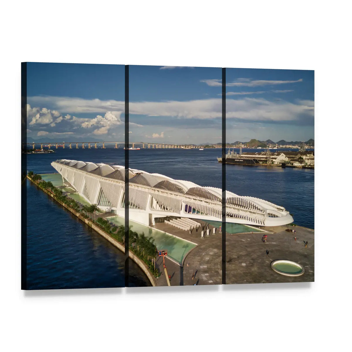 Museum with Curving White Roof and Bridge Canvas Wall Art, 3 panel 3 Horizontal layout gallery wrapped canvas set, angled product view