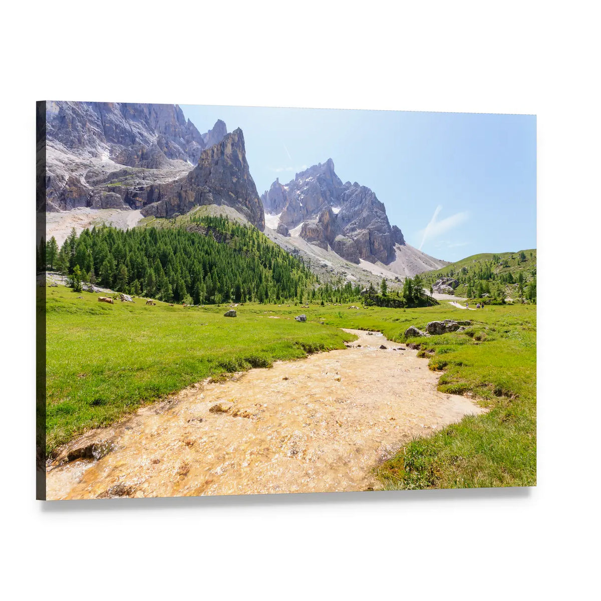 Alpine Peaks with Winding Stream Canvas Wall Art, single panel gallery wrapped canvas, angled product view
