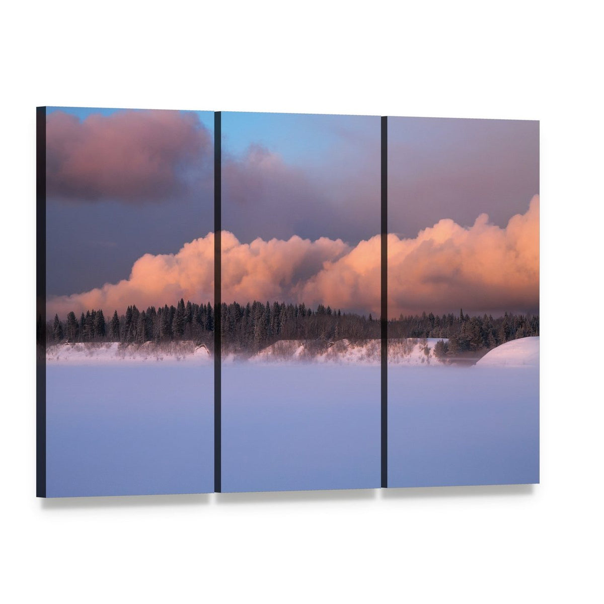 Foggy Winter Evening Canvas Wall Art, 3 panel 3 Horizontal layout gallery wrapped canvas set, angled product view