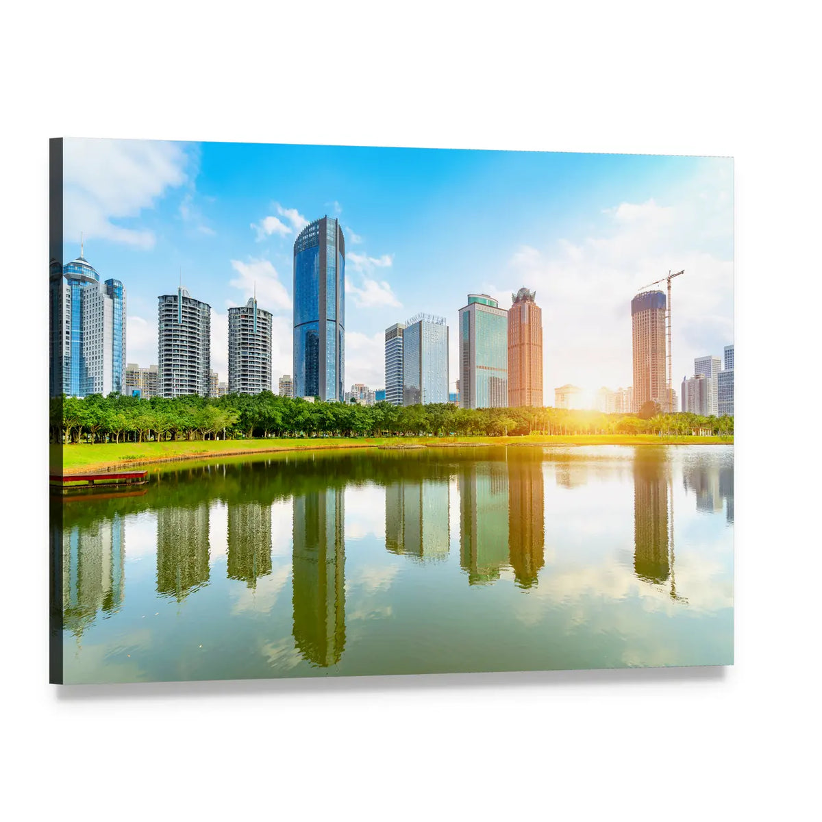 Haikou City Skyline Reflection Canvas Wall Art, single panel gallery wrapped canvas, angled product view