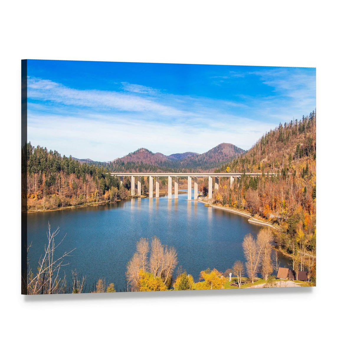 Bridge Over Bajer Lake Canvas Wall Art, single panel gallery wrapped canvas, angled product view