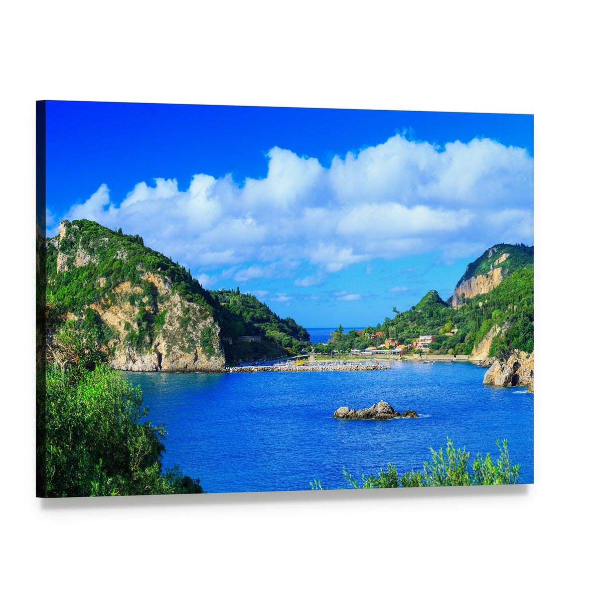 Summer Cove with Terracotta Village Canvas Wall Art, single panel gallery wrapped canvas, angled product view