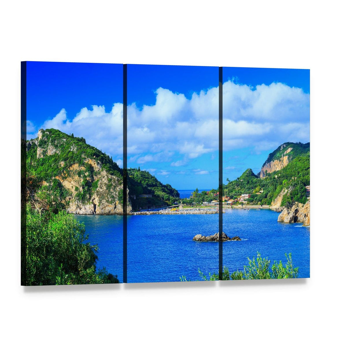 Summer Cove with Terracotta Village Canvas Wall Art, 3 panel 3 Horizontal layout gallery wrapped canvas set, angled product view