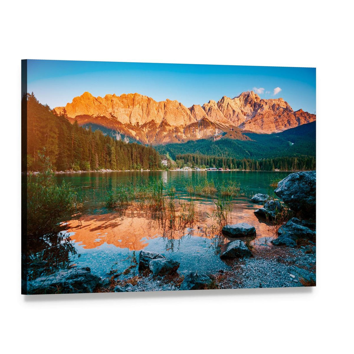 Alpenglow Mountain Lake Reflection Canvas Wall Art, single panel gallery wrapped canvas, angled product view