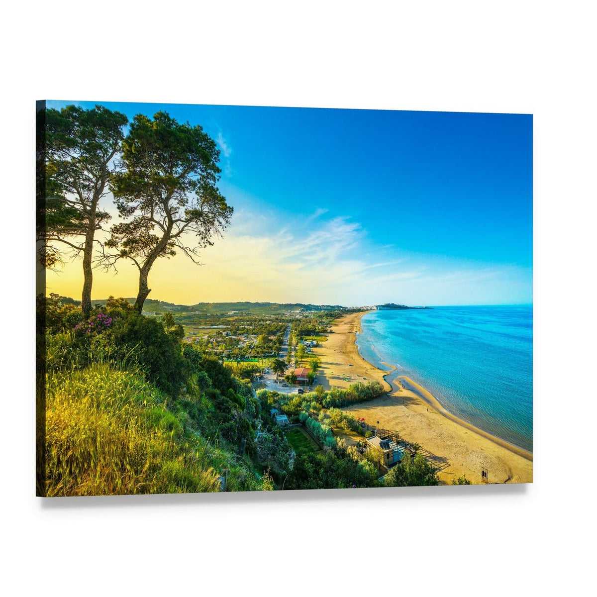 Clifftop Beach with Two Trees at Sunset Canvas Wall Art, single panel gallery wrapped canvas, angled product view