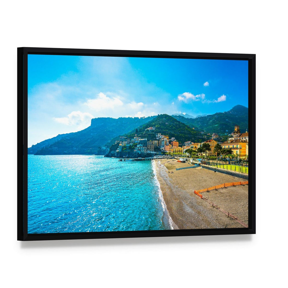 Amalfi Coast Seaside Town Canvas Wall Art, framed canvas in a black floater frame, angled product view