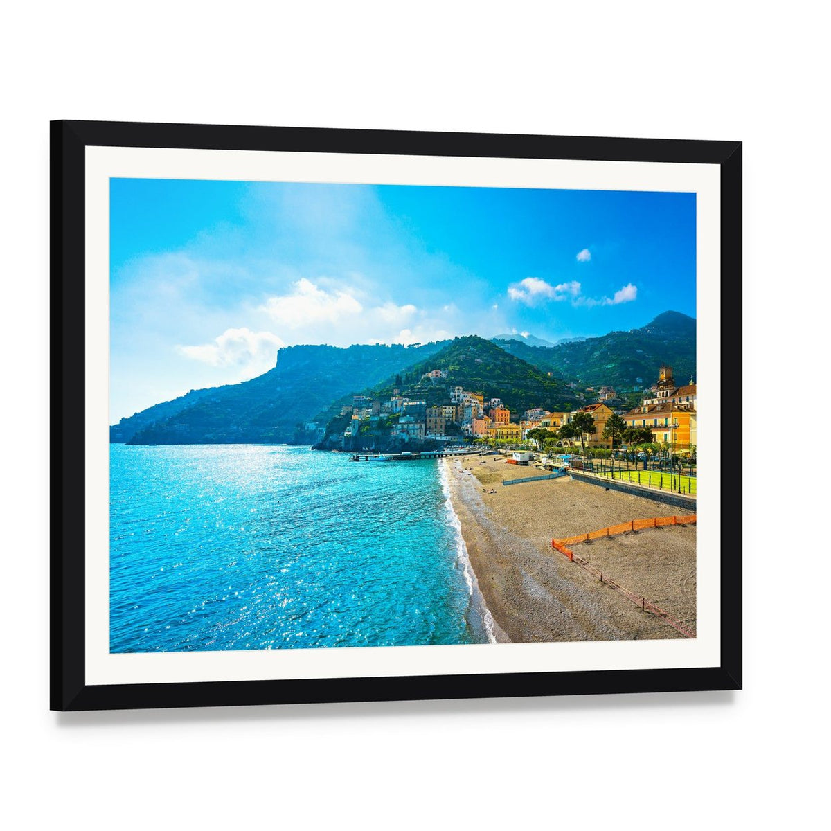 Amalfi Coast Seaside Town Canvas Wall Art, framed print with white mat and black frame, angled product view
