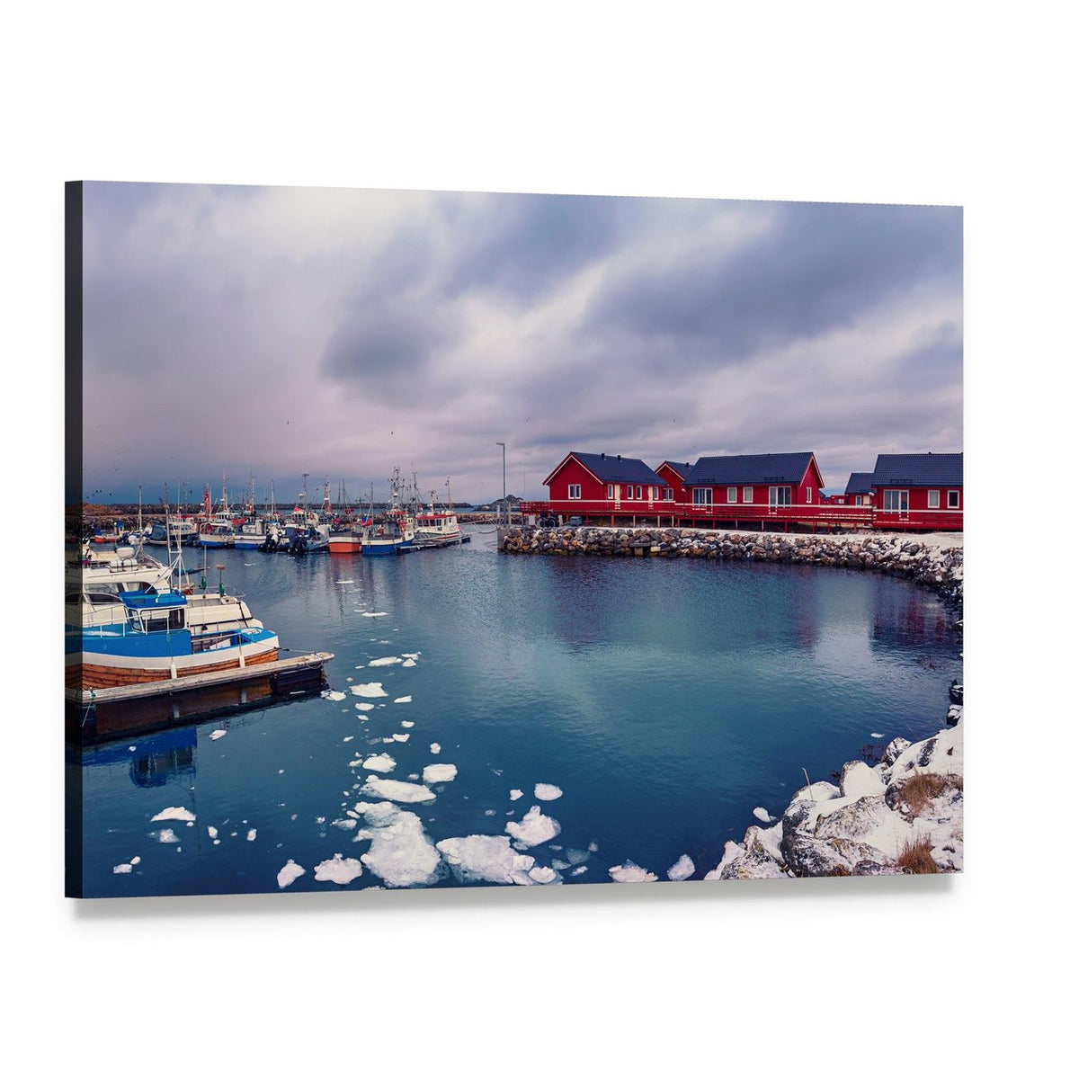 Icy Harbor with Red Cabins Canvas Wall Art, single panel gallery wrapped canvas, angled product view