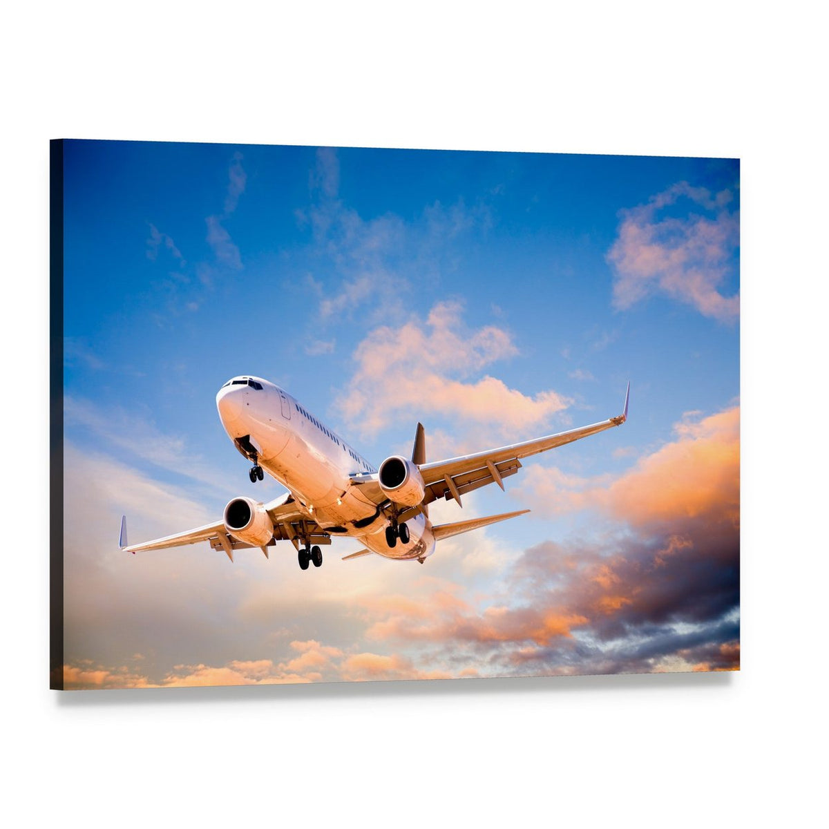 Passenger Jet at Sunset Canvas Wall Art, single panel gallery wrapped canvas, angled product view