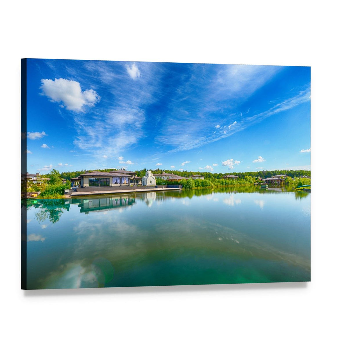 Summer Lake with White Chapel-like Building Canvas Wall Art, single panel gallery wrapped canvas, angled product view