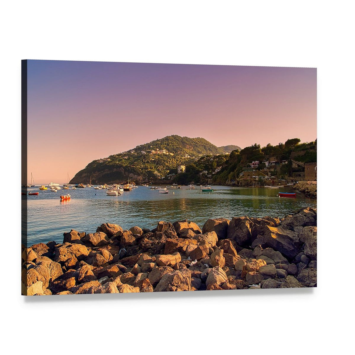 Sunset on Ischia Coast Canvas Wall Art, single panel gallery wrapped canvas, angled product view
