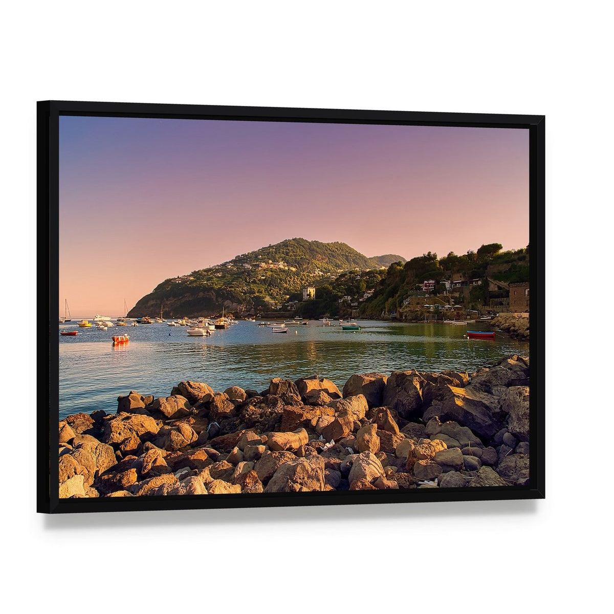 Sunset on Ischia Coast Canvas Wall Art, framed canvas in a black floater frame, angled product view